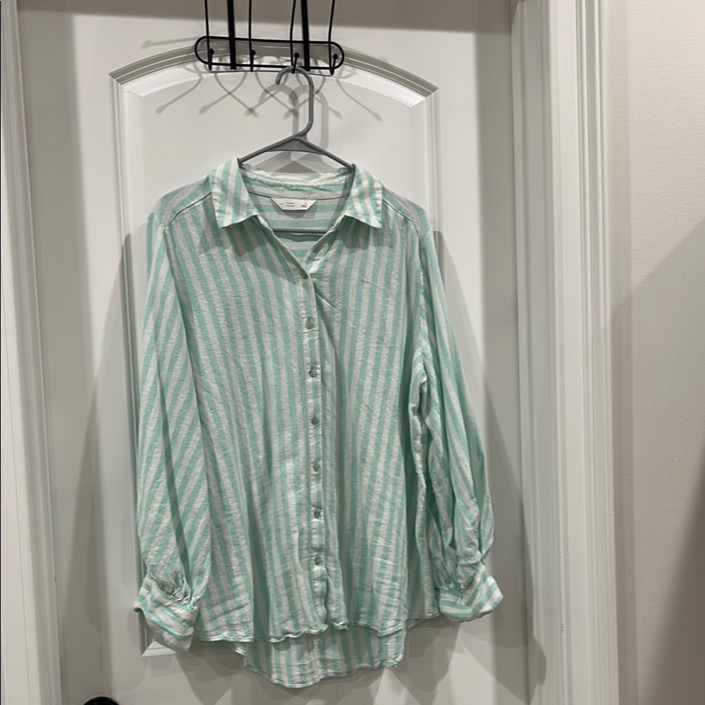 Women’s Mint Green Striped Button-Up Shirt- size L